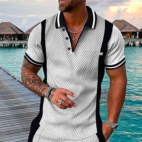 

Men's Golf Shirt Color Block Turndown Street Casual Zipper Short Sleeve Tops Casual Fashion Comfortable Green White Purple