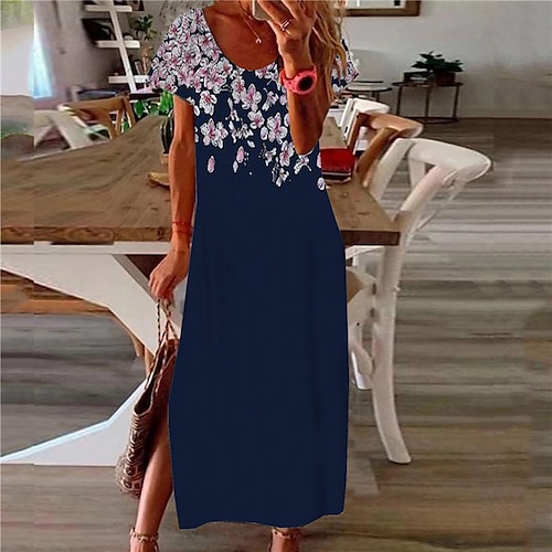 

Women's Casual Dress Shift Dress Green Blue Navy Blue Short Sleeve Floral Split Spring Summer V Neck Loose Fit 2022 S M L XL XXL 3XL