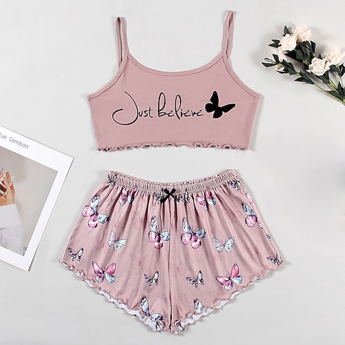 

Women's Pajamas Sets Nighty Butterfly Letter Comfort Home Polyester Straps Sleeveless Shorts Backless Spring Summer Lotus Pink / Animal