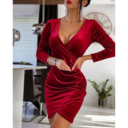 

dame bryllup gjestekjole bodycon slire kjole minikjole svart vinblå langermet ren farge ruched vinter høst høst v hals stilig vinterkjole høstkjole 2023 s m l xl xxl 3xl