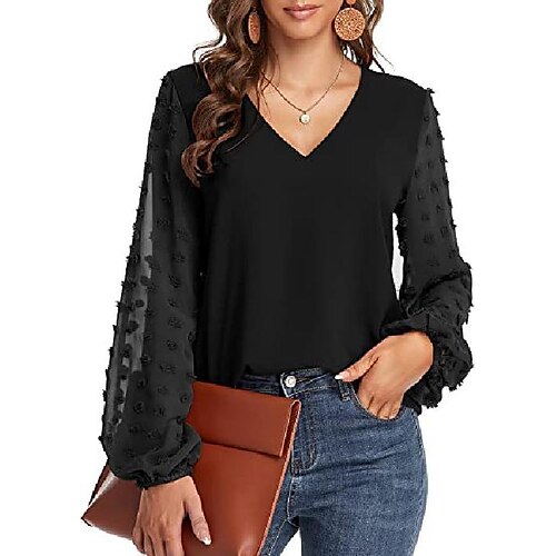 

2022 european and american foreign trade cross-border women's clothing amazon hot product v-neck chiffon stitching big hair ball long-sleeved chiffon shirt