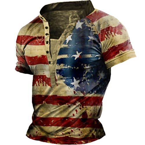 

Men's Henley Shirt T shirt Tee 3D Print Graphic National Flag Stand Collar Street Casual Button-Down Print Short Sleeve Tops Basic Fashion Classic Comfortable Khaki