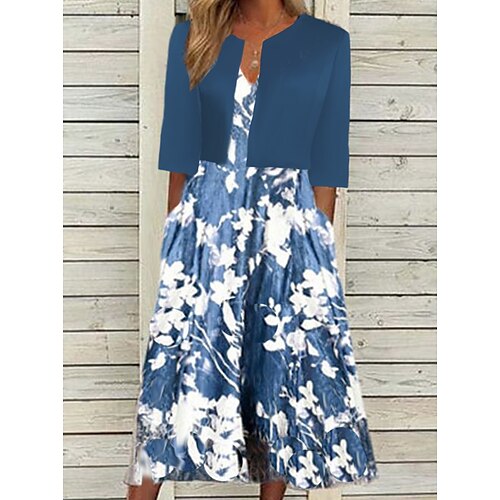 

Women's A Line Dress Midi Dress Blue Half Sleeve Floral Ruched Print Spring Summer Crew Neck Casual Sexy 2022 S M L XL XXL 3XL