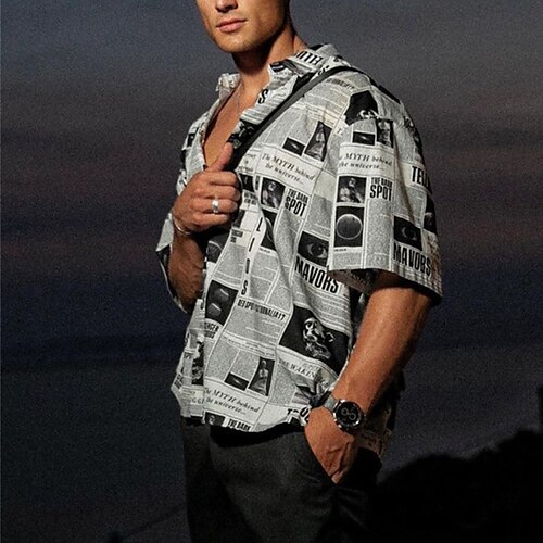 

Men's Shirt Text Turndown Street Casual Button-Down Short Sleeve Tops Casual Fashion Comfortable Black / White