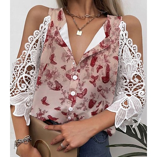 

Women's Daily Weekend Floral Butterfly Blouse Shirt Floral Butterfly 3/4 Length Sleeve Lace Print V Neck Casual Streetwear Tops White Pink Navy Blue S / 3D Print