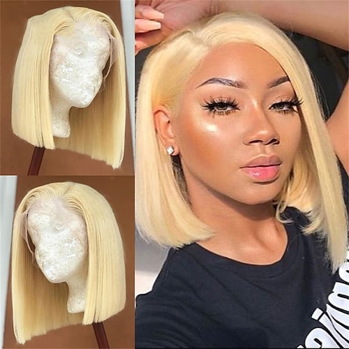 

613 Honey Blonde Color Short Bob Lace Front Human Hair Wig 6-16 Inch Straight 13X4 Lace Front Wigs 150%/180% Density Human Hair Bob Wigs Straight Human Hair Pre Plucked with Baby Hair Natural Hairline Wigs