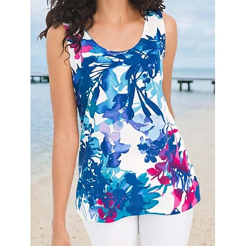 

Women's Holiday Weekend Floral Tank Top Camis Floral Sleeveless Print U Neck Casual Streetwear Tops Blue S / 3D Print