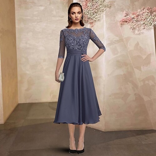 

A-Line Mother of the Bride Dress Plus Size Elegant Jewel Neck Tea Length Chiffon Lace Half Sleeve with Ruched Beading Appliques 2022