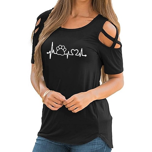 

Women's T shirt Tee Blue Red Black Graphic Cut Out Short Sleeve Casual Weekend Basic Round Neck Regular Painting S