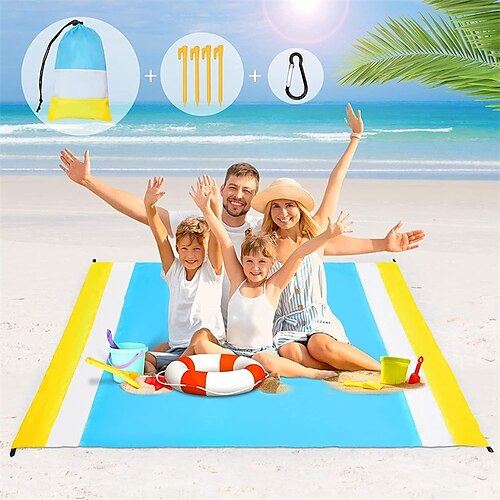 

Sand Free Beach Blanket Waterproof Beach Mat Compact Outdoor Blanket Ideal for Picnic Travel Hiking Camping and Music Festivals with 4 Stakes 4 Corner Pockets and Bag - 82x 79