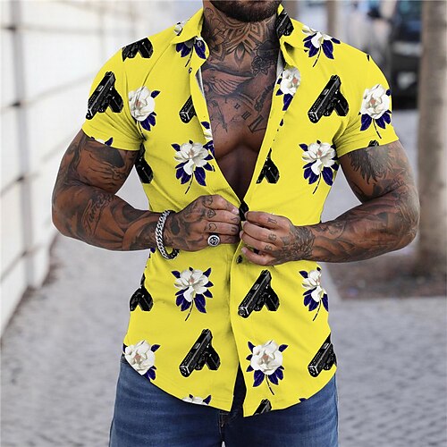 

Men's Shirt Print Floral Turndown Street Casual Button-Down Print Short Sleeve Tops Casual Fashion Designer Breathable Yellow