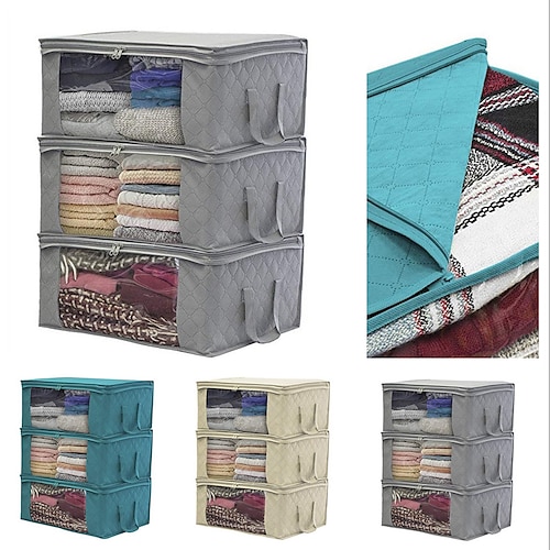 

Large Capacity Clothes Storage Bag Organizer with Reinforced Handle Thick Fabric for Comforters Blankets Bedding Foldable with Sturdy Zipper 49X36X21cm 1PC