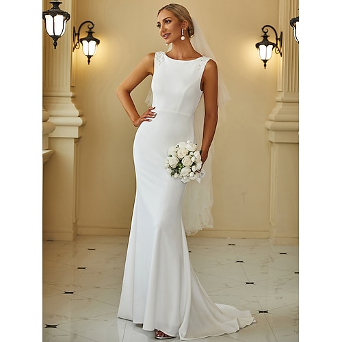 

Mermaid / Trumpet Wedding Dresses Jewel Neck Sweep / Brush Train Matte Satin Sleeveless Romantic Glamorous Sexy with Beading Solid Color 2022