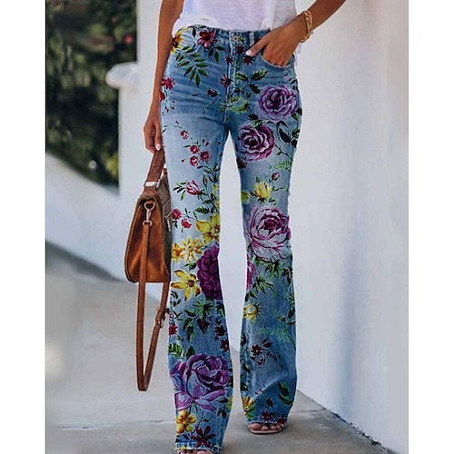 

Women's Fashion Casual / Sporty Trousers Bell Bottom Print Full Length Pants Casual Daily Micro-elastic Flower / Floral Faux Denim High Waist Loose Green Blue Purple Yellow Light Green S M L XL XXL