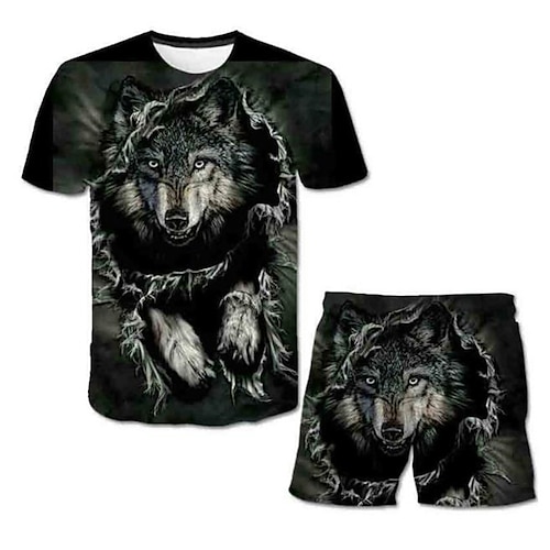 

2 Pieces Kids Boys T-shirt & Shorts Clothing Set Outfit Animal Wolf Short Sleeve Crewneck Set Outdoor Sports Fashion Cool Spring Summer 3-13 Years Black