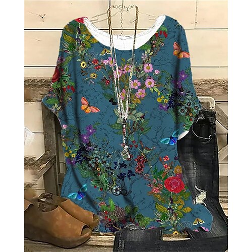 

Women's Plus Size Shift Dress Floral Round Neck Print Half Sleeve Spring Summer Casual Short Mini Dress Causal Daily Dress / Butterfly