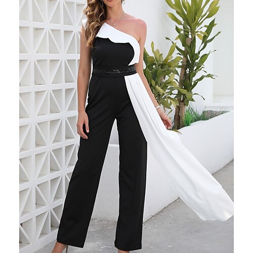 

Women's Jumpsuit Patchwork Solid Color One Shoulder Ordinary Business Daily Straight Regular Fit Sleeveless Black S M L Summer