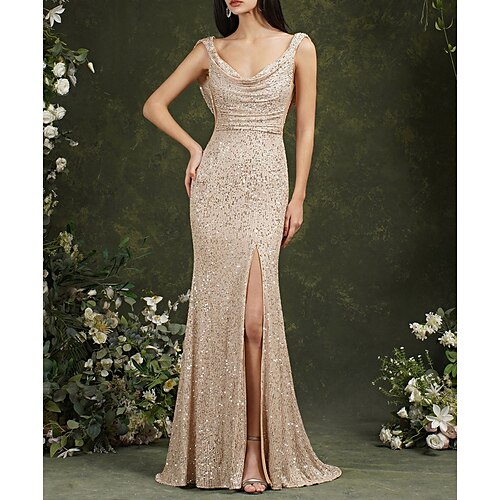

Sheath / Column Prom Dresses Sparkle & Shine Dress Prom Floor Length Sleeveless Scoop Neck Sequined with Sequin Slit 2022 / Formal Evening