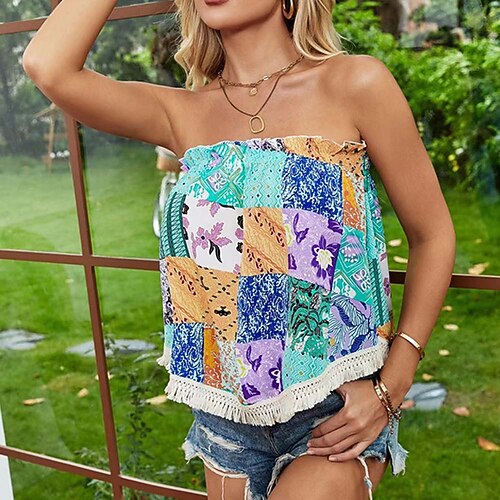 

Women's Daily Weekend Floral Tank Top Camis Floral Sleeveless Tassel Off Shoulder Print Off Shoulder Casual Streetwear Tops Green S / 3D Print