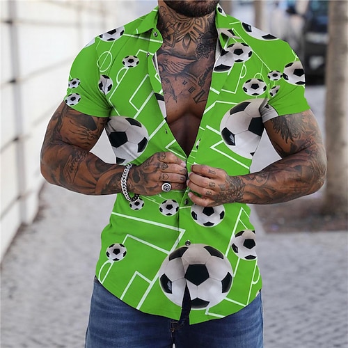 

Men's Shirt Print Football Soccer Sports Turndown Street Casual Button-Down Print Short Sleeve Tops Casual Fashion Designer Breathable Green