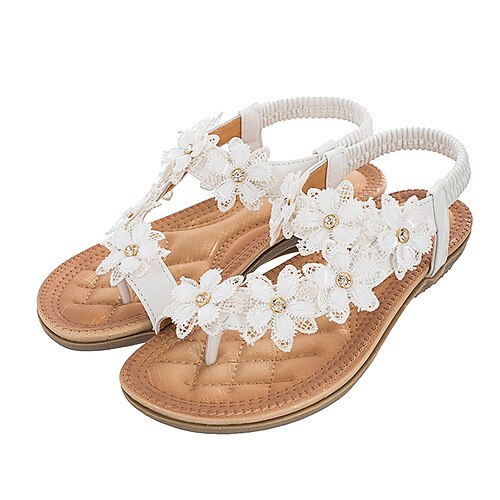 

Damen Sandalen Boho Party Strand Sommer Strass Flacher Absatz Runde Zehe Offene Spitze Elegant Casual PU Leder Gummiband Einfarbig Mandelfarben Schwarz Weiß