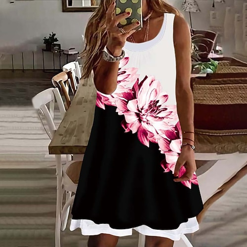 

Women's Plus Size Curve A Line Dress Floral Round Neck Print Sleeveless Spring Summer Casual Short Mini Dress Daily Vacation Dress