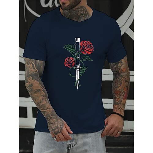 

Men's T shirt Tee Hot Stamping Rose Round Neck Casual Daily Print Short Sleeve Tops Simple Basic Black Blue