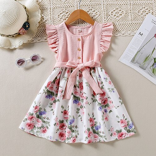 

Girls' A Line Dress Short Sleeve Flower 3D Printed Graphic Dresses Cute Midi Polyester Dress Summer Spring Kids Toddler Daily Slim Print