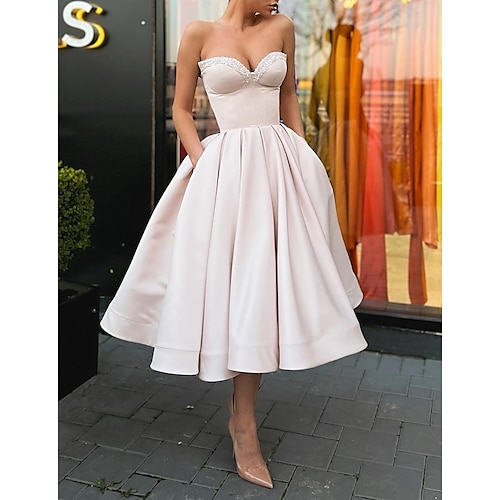 

A-Line Prom Dresses Elegant Dress Wedding Guest Tea Length Sleeveless Strapless Satin with Sequin Pure Color 2022 / Cocktail Party