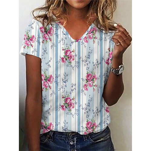 

Women's T shirt Flower Patchwork Print V Neck Basic Tops Rainbow / 3D Print