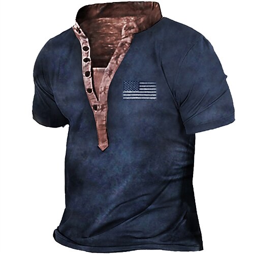 

Men's Henley Shirt Tee T shirt 3D Print Graphic Flag Plus Size Stand Collar Daily Sports Button-Down Print Short Sleeve Tops Basic Casual Designer Big and Tall Navy Blue