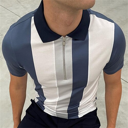 

Men's Collar Polo Shirt Golf Shirt Striped Turndown Blue / White Street Casual Short Sleeve Zipper Clothing Apparel Fashion Casual Comfortable