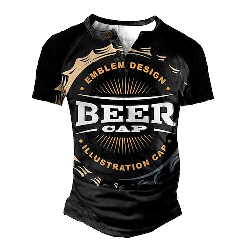 

Men's Henley Shirt Tee T shirt Tee 3D Print Graphic Beer Plus Size Henley Daily Sports Patchwork Button-Down Short Sleeve Tops Basic Casual Classic Designer Black