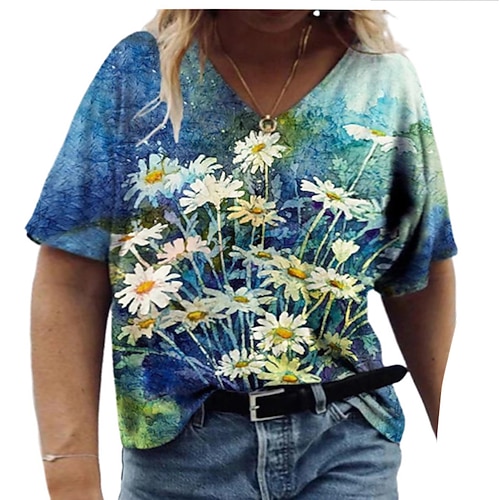 

Women's Plus Size Tops T shirt Tee Floral Butterfly Print Short Sleeve V Neck Streetwear Daily Vacation Polyester Spring Summer Green Blue