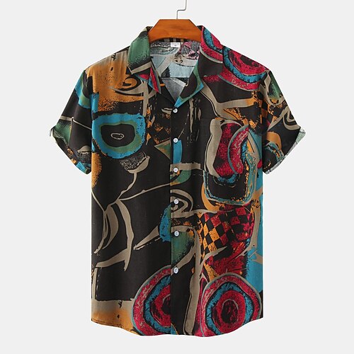 

Men's Dress Shirt Casual Shirt Shirt Print Geometry Letter Plus Size Turndown Street Casual Print Short Sleeve Tops Fashion Retro Nostalgic Cool Green / Black