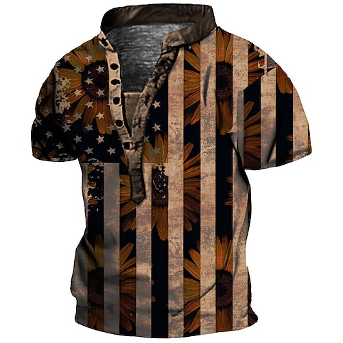 

Men's Henley Shirt Tee T shirt Tee 3D Print Graphic National Flag Plus Size Stand Collar Daily Sports Button-Down Print Short Sleeve Tops Basic Casual Designer Big and Tall Brown