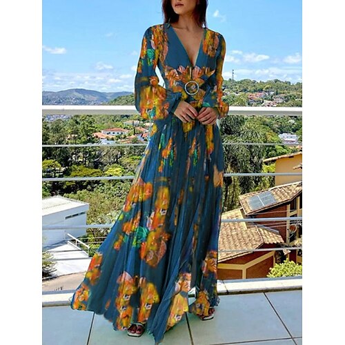 

Women's A Line Dress Maxi long Dress Green Blue Long Sleeve Floral Ruched Print Spring Summer V Neck Casual Sexy 2022 S M L XL XXL 3XL