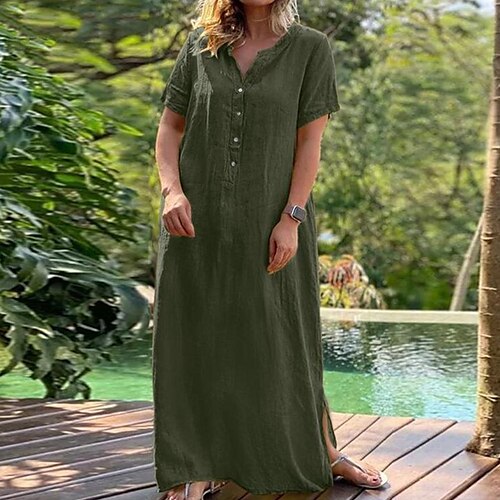 

Women's Plus Size Casual Dress Solid Color Shirt Collar Split Short Sleeve Fall Spring Casual Maxi long Dress Daily Vacation Dress