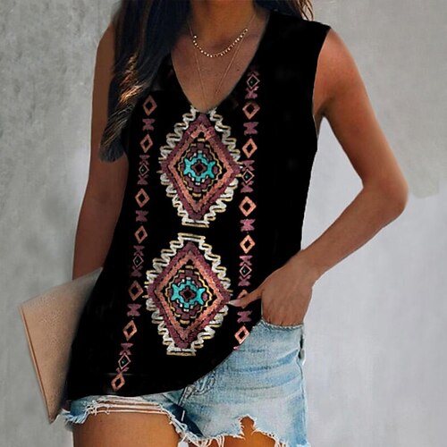 

Women's Tank Top Camis Red Brown Gray Geometric Print Sleeveless Daily Weekend Streetwear Ethnic V Neck Regular Geometric S / 3D Print