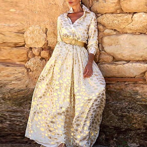 

Women's Shirt Dress Long Dress Maxi Dress Gold Long Sleeve Ruched Winter Fall Autumn Shirt Collar Modern Winter Dress Fall Dress 2022 S M L XL XXL 3XL