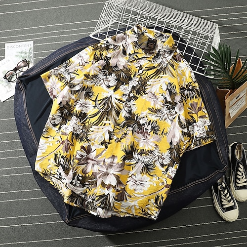 

Women's Casual Holiday Weekend Floral Blouse Shirt Floral Short Sleeve Pocket Button Print Shirt Collar Casual Hawaiian Beach Tops White Black Yellow M / 3D Print