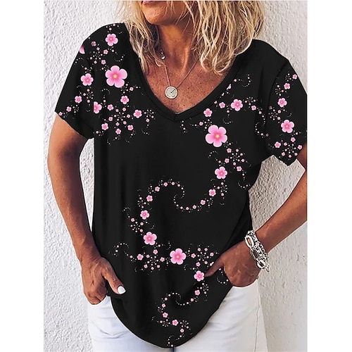

Women's Casual Daily Holiday T shirt Tee Flower Short Sleeve Patchwork Print V Neck Basic Tops Black S / 3D Print