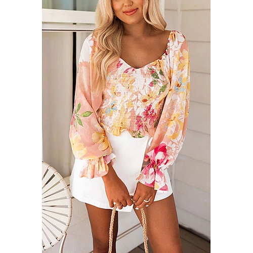 

Damen Hemd Bluse Gelb Blumen Bedruckt Langarm Festtage Wochenende Strassenmode Brautkleider schlicht V Ausschnitt Standard Blume S