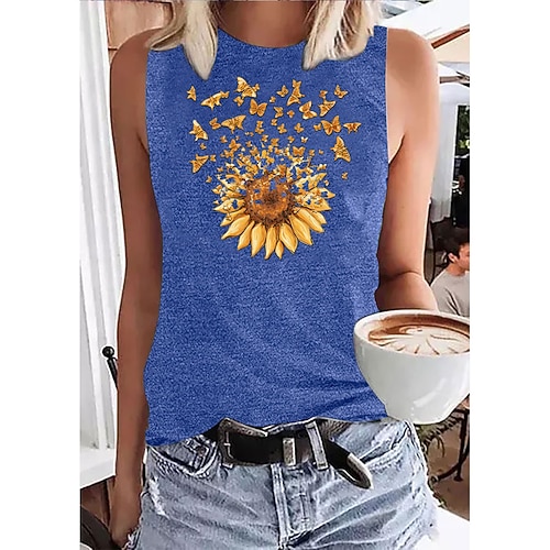 

Women's Daily Holiday Going out Tank Top Floral Butterfly Sunflower Sleeveless Print Round Neck Basic Tops Blue Purple Pink S