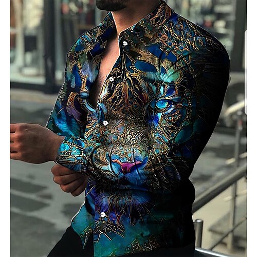 

Men's Shirt 3D Print Tiger Animal Collar Casual Daily 3D Print Button-Down Long Sleeve Regular Fit Tops Casual Fashion Comfortable Green Blue Purple / Sports