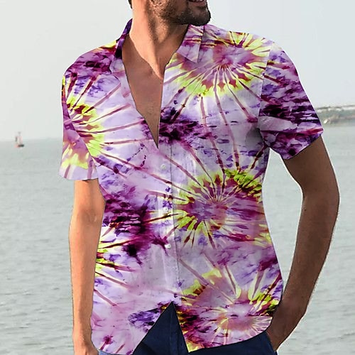 

Men's Shirt Print Tie Dye Turndown Street Casual Button-Down Print Short Sleeve Tops Casual Fashion Designer Breathable Purple