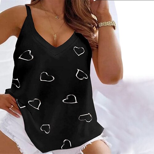 

Women's Plus Size Tops T shirt Tee Heart Print Sleeveless V Neck Sexy Streetwear Daily Back to School Cotton Spring Summer White Black