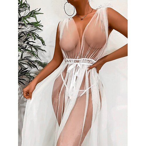 

Women's Sexy Bodies Chemises & Negligees 2 Pieces Pure Color Ultra Slim Hot See Through Bed Valentine's Day Spandex Straps Sleeveless Adjustable Belt Included Including Panties Summer White / Soft