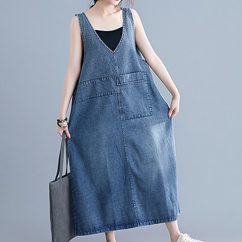 

Women's Denim Dress Long Dress Maxi Dress Blue Sleeveless Pure Color Pocket Spring Summer V Neck Weekend Loose Fit 2022 M L XL XXL