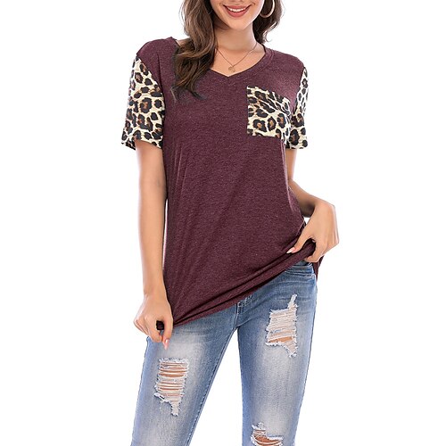 

Women's Casual Weekend Painting T shirt Tee Leopard Short Sleeve Pocket Print V Neck Basic Tops Black Blue Red S